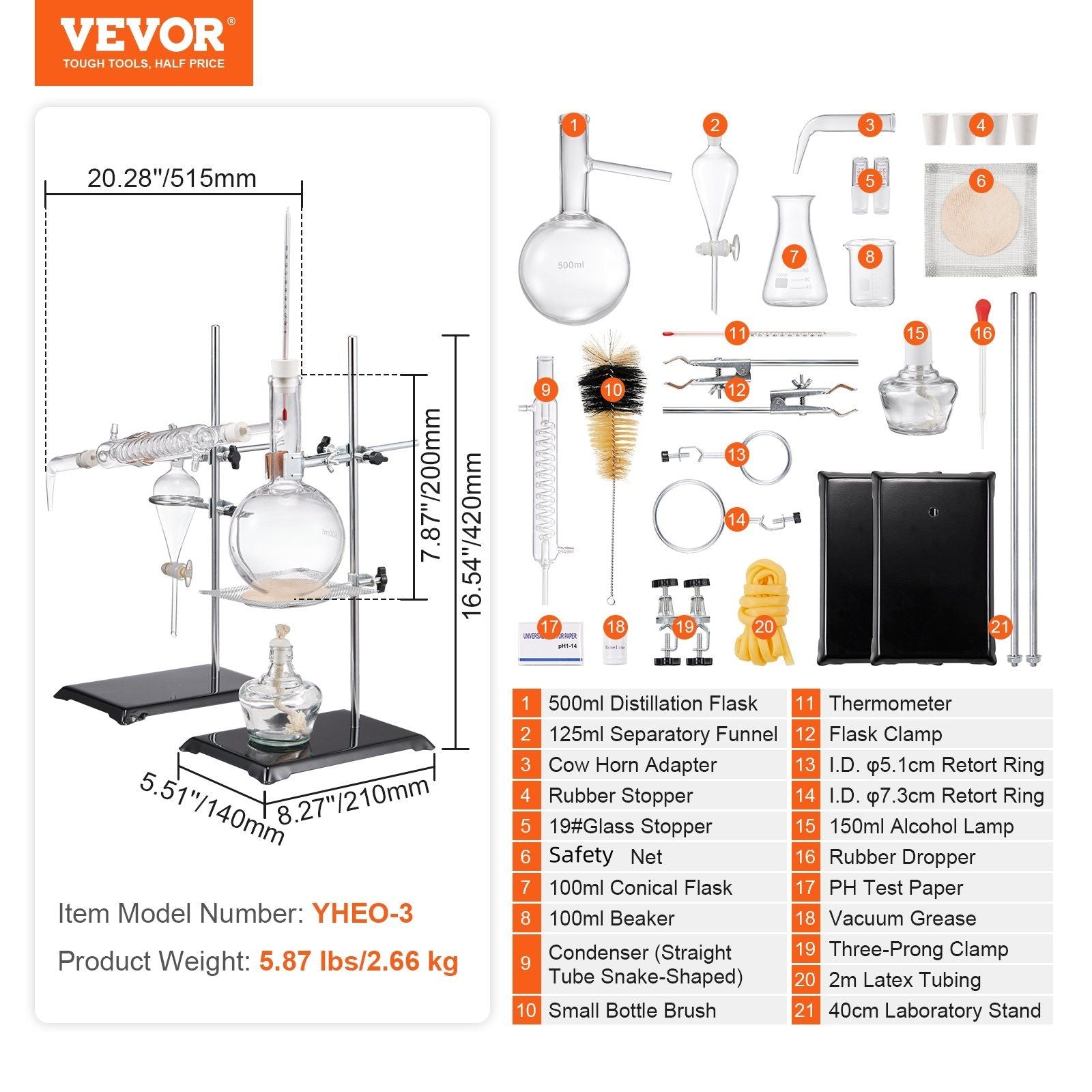 VEVOR Essential Oil Distillation Kit, 500ml Distillation Apparatus, 3.3 Boro Lab Glassware Distillation Kit with Alcohol Lamp, Ceramic Mesh and 24, 40 Joint, 28 pcs Set - JM Variety Store